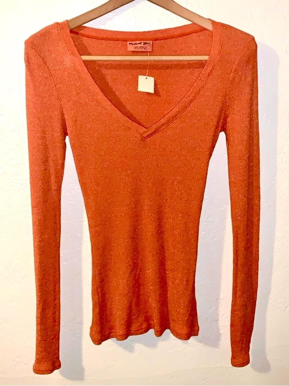 Vintage Y2K Michael Stars Long Sleeve Tee Shirt Orange Metallic V Neck S - M